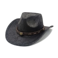 Retro black faux leather cowboy hat with cracked texture and studded brown band - M(56-58cm) / Black