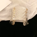 Detailed view of silver wide open cuff bracelet with woven mesh texture design - Woven Style - Silver (Small)