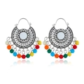 Bohemian silver hoop earrings with round mirrors and colorful bead fringe tassels - Colorful Antique Silver (WEH398)