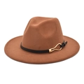 Close-up of brown wool fedora with black leather band and gold droplet metal buckle - M (56-58cm) / Khaki