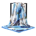 Elegant square floral silk scarf in blue and white with smooth satin texture - Blue / 90*90cm