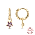 Gold plated S925 sterling silver hoop earrings with star pendant and purple crystals - Gold Purple Flower Star