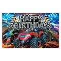 Monster truck happy birthday backdrop with colorful racing trucks and checkered flags - Backdrop