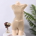 Detailed view of khaki and white striped knit texture on a sexy two-piece crop top set - S / Khaki