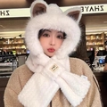 Detail of white plush faux rabbit fur cat-ear hooded scarf with soft texture and logo tag - White - [Fox Cat Ears]