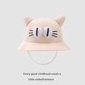 Close-up of beige cotton baby sun hat with cute 3D ears and cat face embroidery - 48-50cm (2-4 Years) / Beige