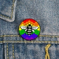 Rainbow honeycomb bee enamel pin on blue denim jacket, stylish cartoon badge accessory - Rainbow Pride (XZ1685)