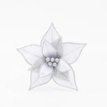 Silver artificial Christmas flower decoration with glitter petals and beaded center - Small / Silver