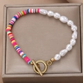 Colorful heishi beads and baroque pearl bracelet with gold OT toggle clasp detail - Irregular Pearl Rainbow Heishi OT Clasp Bracelet (dz-412)