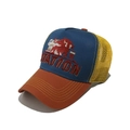 Detail of vintage trucker hat featuring red bull embroidery and yellow mesh panel - M (56-58cm) / Blue