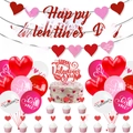 Complete Valentine's Day party decor set with red banners, heart cards, and colorful balloons - Valentine's Day Red and Pink Full Series Party Decoration Set