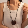 Vintage dark brown faux leather pouch pendant necklace on long black double cord - 11# Coffee Leather Small Bag Sweater Chain