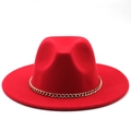Detail of red wool fedora jazz hat with elegant gold chain link decorative accessory - 04 Red