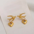 Golden swallow stud earrings with sparkling heart crystal pendant on display card - Swallow Heart Zircon Earrings - Gold