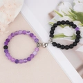 Magnetic couple bracelets set with purple crackle beads and matte black stones - Frosted Stone & Purple Weathered Stone With White Heart Magnet
