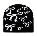 Schicke schwarze Strickmütze für Damen mit weißen Schleifenmustern für den Winter - Schwarz mit weißer Schleife / Schwarz