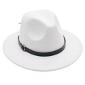 Detail of white wool felt jazz hat featuring a black leather band and silver metal buckle - M (56-58cm) / White