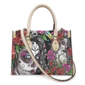 Halloween Day of the Dead skull print PU leather handbag with floral Catrina pattern - Day of the Dead Female Face Rose - Off-White Strap