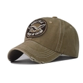 Close-up of vintage khaki cotton baseball cap with eagle embroidery and frayed details - M (56-58cm) / Khaki