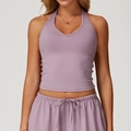 Lavender halter neck sports top and matching high-waisted drawstring shorts set - S / Tops / Lavender