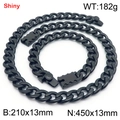 Black stainless steel 13mm Cuban link chain necklace and bracelet set for men - Style C (Push Button Clasp) / 13mm Width/45cm Chain / Black