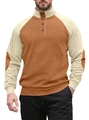 Détail d'un pull en maille côtelée bicolore avec manches raglan et col à quatre boutons - S / Marron Foncé/Khaki