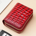 Red crocodile pattern leather card holder with double zipper and gold hardware detail - Burgundy