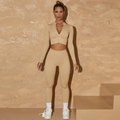 Seamless beige yoga set with zipper cropped top and high waist leggings for women - Khaki Long-sleeved Shirt And Trousers.