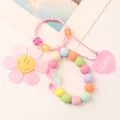 Pink glitter sunflower keychain with pastel beads and heart charm for bag decoration - Pink-GUQ (Q995-6)