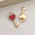 Enamel heart and golden key charms made of polished metal for DIY jewelry making - Red Heart Key Pendant (17525)