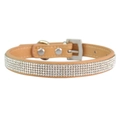 Sparkling light brown leather pet collar with four rows of rhinestones and silver buckle - Beige