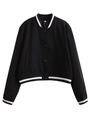 Detail of black baseball jacket featuring striped ribbed cuffs and collar neckline - S / Navy Blue