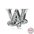 925 sterling silver letter W charm with clear zircon stones for DIY bracelets - Letter W