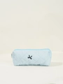 Pochette cosmetica trapuntata azzurra con fiocco nero ricamato e chiusura lampo - Astuccio Piccolo / Blu