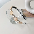 Champagne marble disc headband with sparkling crystals on gold metal and black fabric - Gold Spotted Resin Disc/Clear Rhinestone / Off-White No.1