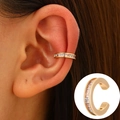 Gold ear cuff with clear cubic zirconia stones shown on model and product detail view - KC Gold - Single Layer Classic Drill (DZ-538)