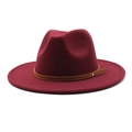 Close-up of burgundy wool fedora hat with brown leather belt and silver metal stud detail - M (56-58cm) / Burgundy