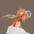 Elegant gold hair clip with pink gradient flower, pearl center, and sparkling rhinestones - Pink Gradient Enamel Flower Twist Clip