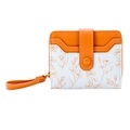 Short floral wallet in orange and white with textured faux leather and hand strap - Orange