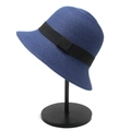 Navy blue summer straw bucket hat with black ribbon bow for women on display stand - M(56-58cm) / Navy Blue