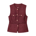 Close-up of burgundy tweed vest featuring gold sequins, vintage buttons and a matching belt - XS / Burgundy