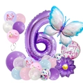 Detail of blue butterfly balloon set with purple number 6 and floral latex balloons - Number 6 Butterfly Pillar Set