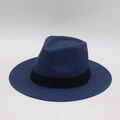 Classic dark blue fedora sun hat with black grosgrain ribbon trim and woven texture - Navy Blue
