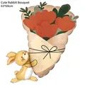 Cute yellow rabbit holding a flower bouquet foil balloon for Valentine's Day decor - Cute Rabbit Bouquet