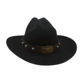 Classic black wool jazz hat with a brown leather strap and bronze bull buckle detail - One Size / Black Wrapped Edge (Turquoise Bull Head)