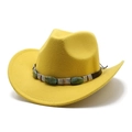 Chapeau de cowboy en laine jaune vif avec bande en cuir et pierres précieuses vertes - M (56-58cm) / Jaune