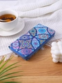 Ethnic style long zipper wallet featuring a blue mandala pattern on a wooden surface - Blue