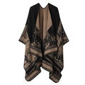 Detail of knitted poncho featuring black and beige scenic pattern with overlocked edges - One Size / Deer - Black Camel
