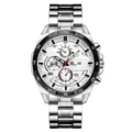 Wasserdichte Business-Uhr für Herren aus Edelstahl mit weißem Multifunktions-Chronographenblatt - Schwarze Lünette Weißes Zifferblatt Stahlarmband (216G-HB)
