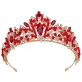 Elegant bridal leaf crown with red crystals and gold alloy base on white background - Gold Red Rhinestone Crystal